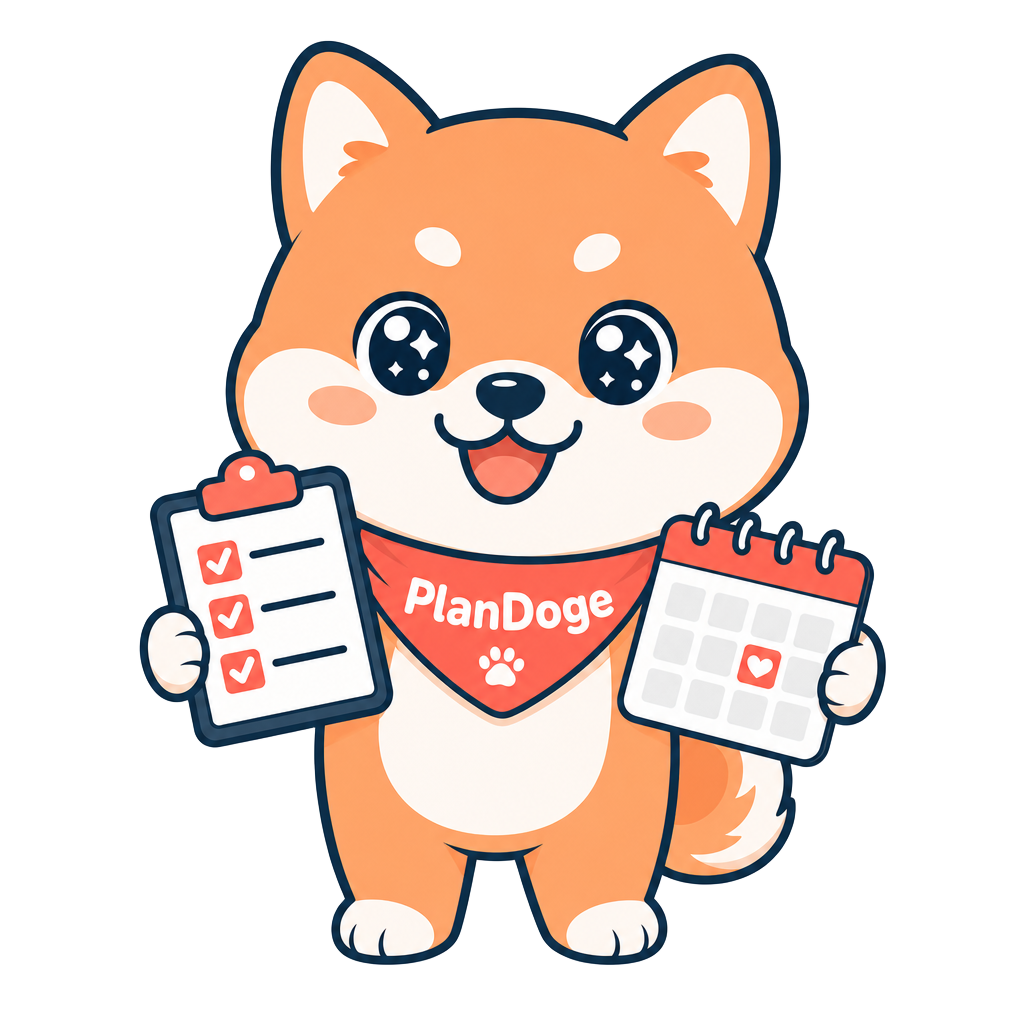 Maskotka PlanDoge — Shiba Inu z listą zakupów